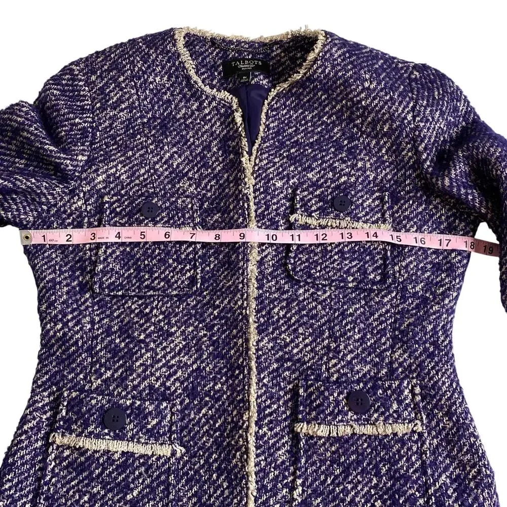 Talbots Boucle Tweed Blazer Blue Fringe Trim Open Jacket Size 8P Jackie O Preppy